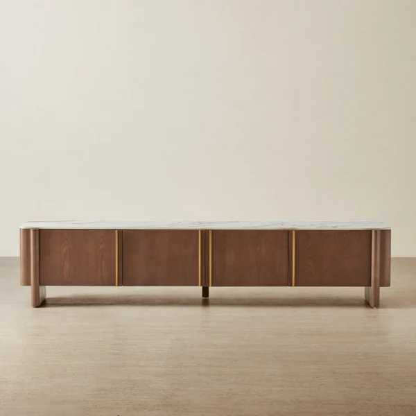 Sir Lionell Gliding White Sintered Stone Entertainment Unit - Walnut Brown Wooden Legs