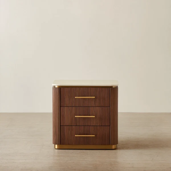 San Pierre Walnut Veneer Bedside Table - Travertine Finish Sintered Stone Top