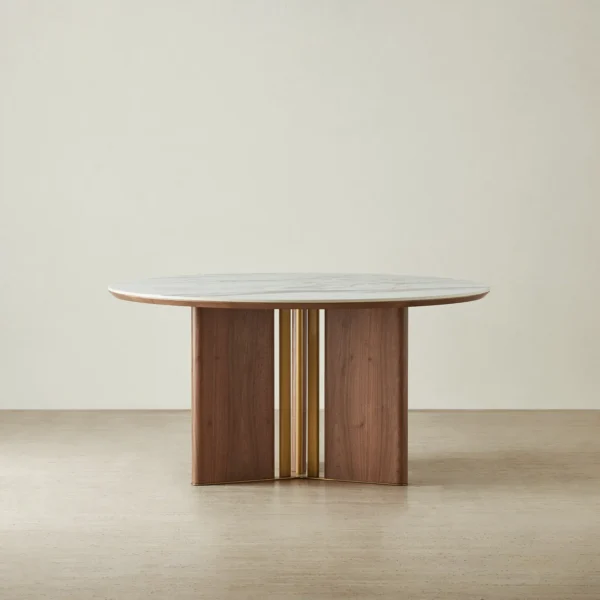 Sir Lionell II Gliding White Sintered Stone Round Dining Table - Walnut Brown Wooden Legs 150cm